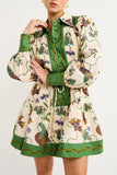 Vestidos casuais florais patchwork com gola aberta e estampado