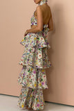Elegant Floral Backless With Bow Halter Cake Skirt Dresses