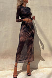 Casual Vintage Gradual Change Print See-through O Neck Long Sleeve Dresses(3 Colors)