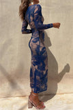 Casual Vintage Gradual Change Print See-through O Neck Long Sleeve Dresses(3 Colors)