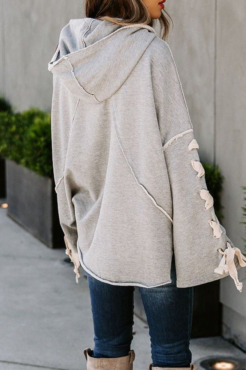 Casual Solid Bandage Hooded Collar Tops