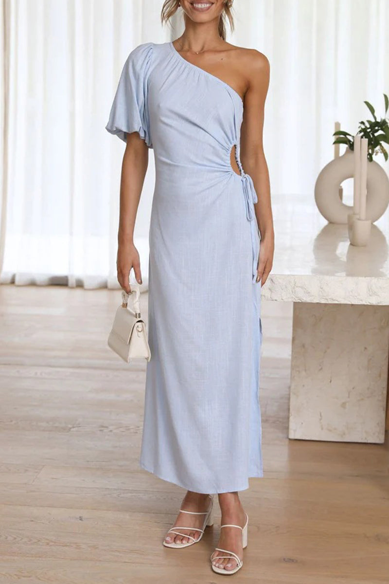 Celebrities Elegant Solid Fold Asymmetrical Oblique Collar A Line Dresses