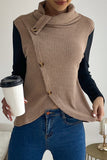 Casual Solid Buttons Asymmetrical Turtleneck Tops