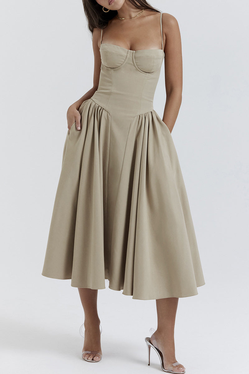 Vintage Elegant Solid Fold Square Collar Sling Dress Dresses