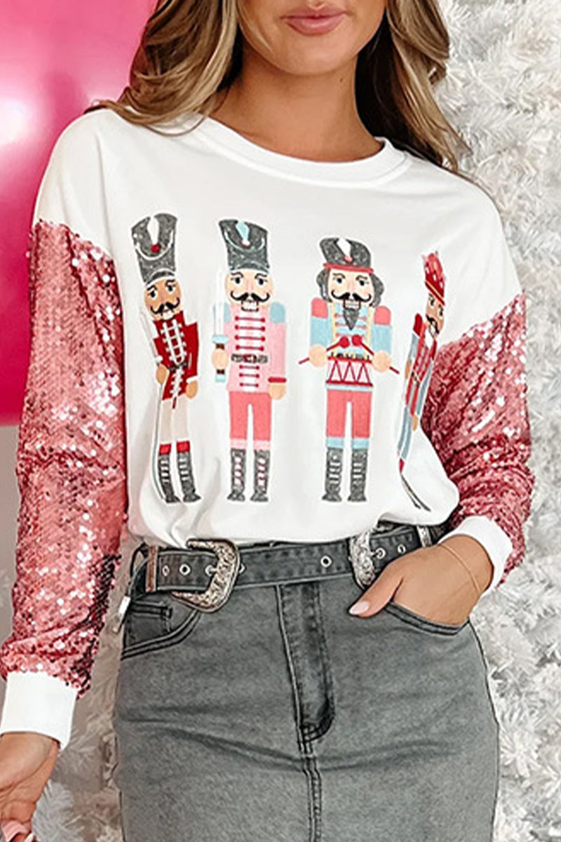 Casual Print Sequins Patchwork O Neck Tops