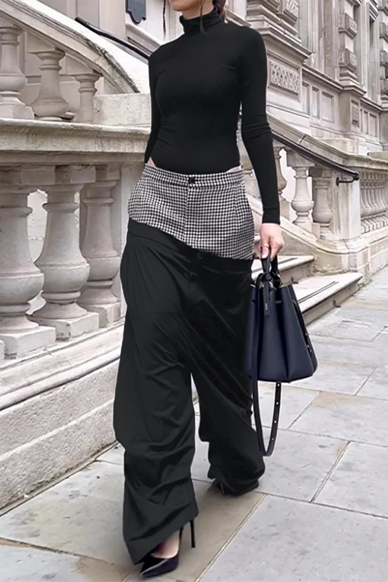 British Style Elegant Plaid Patchwork Pocket Turtleneck Long Sleeve Two Pieces