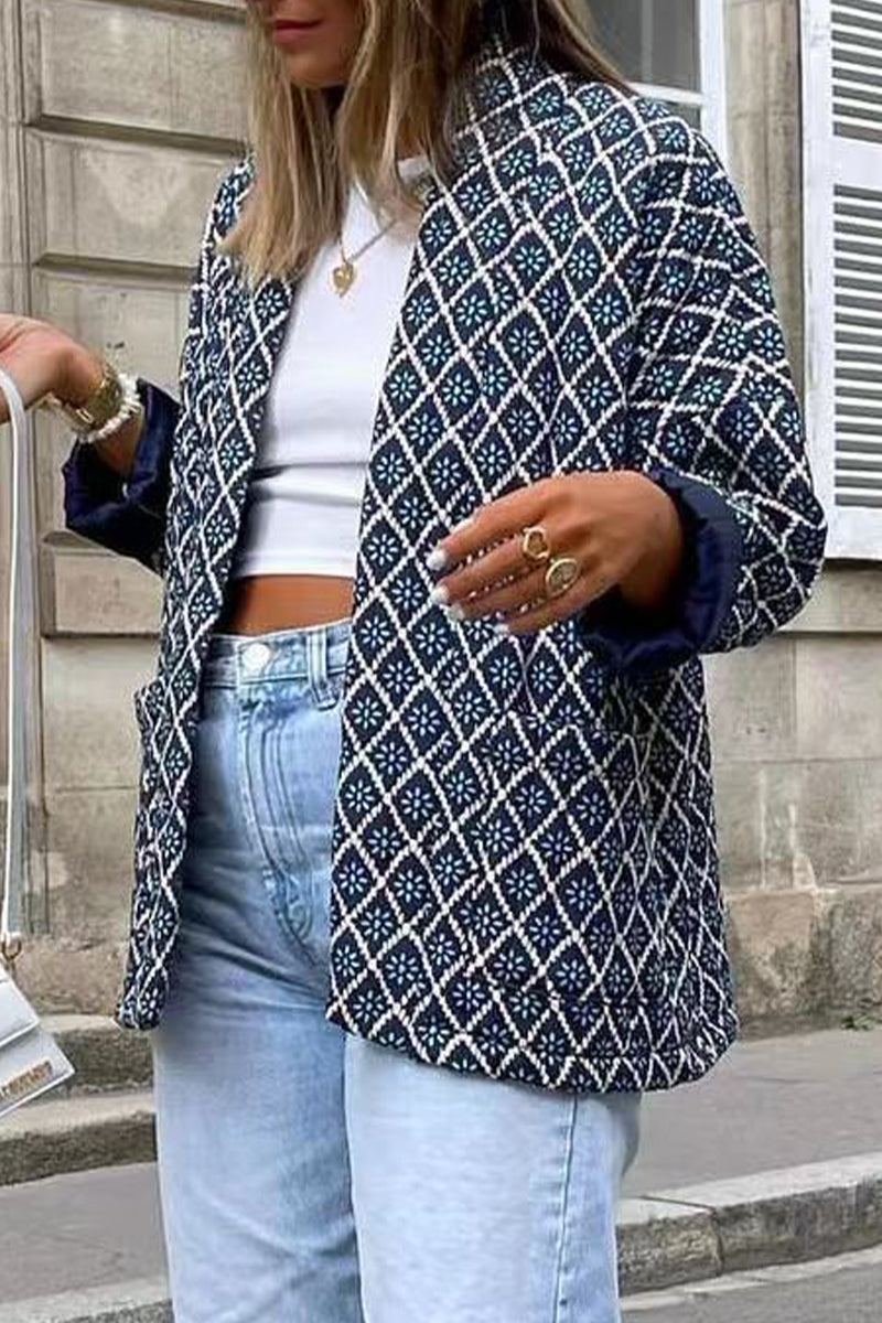 Elegant Geometric Patchwork Pocket Cardigan Collar Outerwear