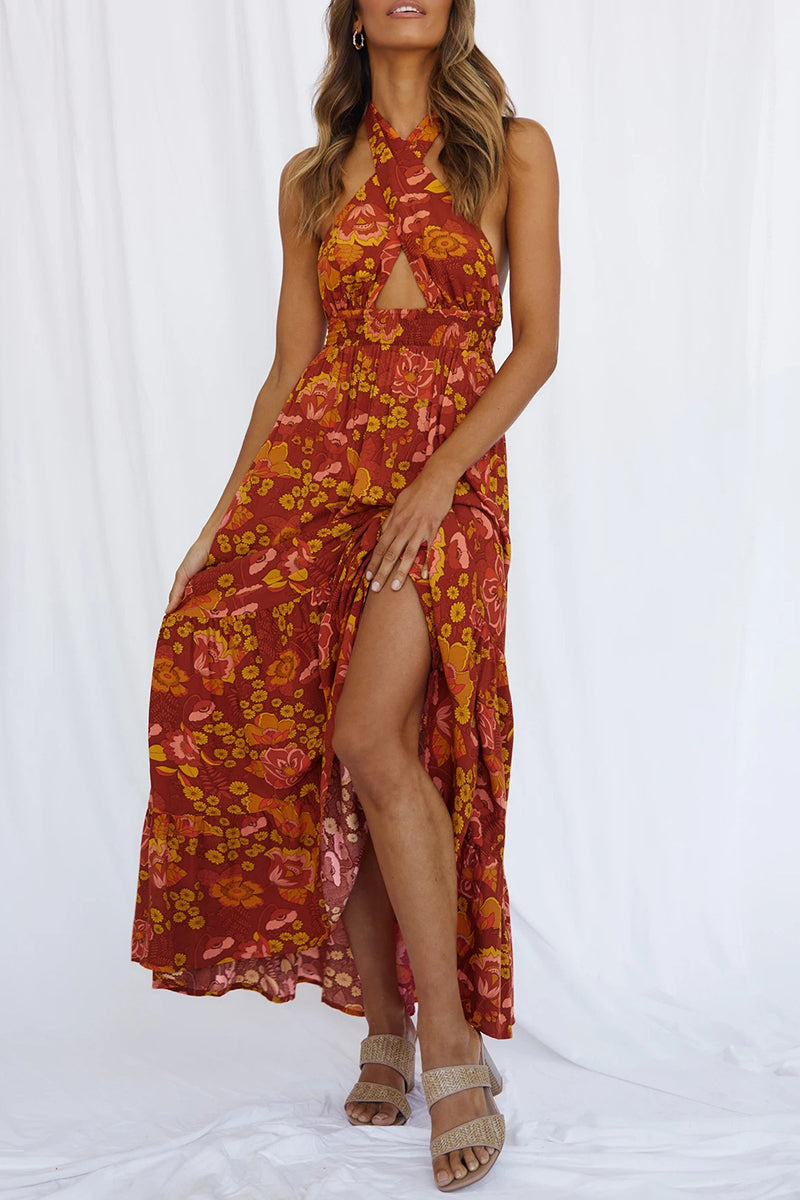 Sexy Vacation Floral Bandage Flounce With Bow Printed Dress Dresses