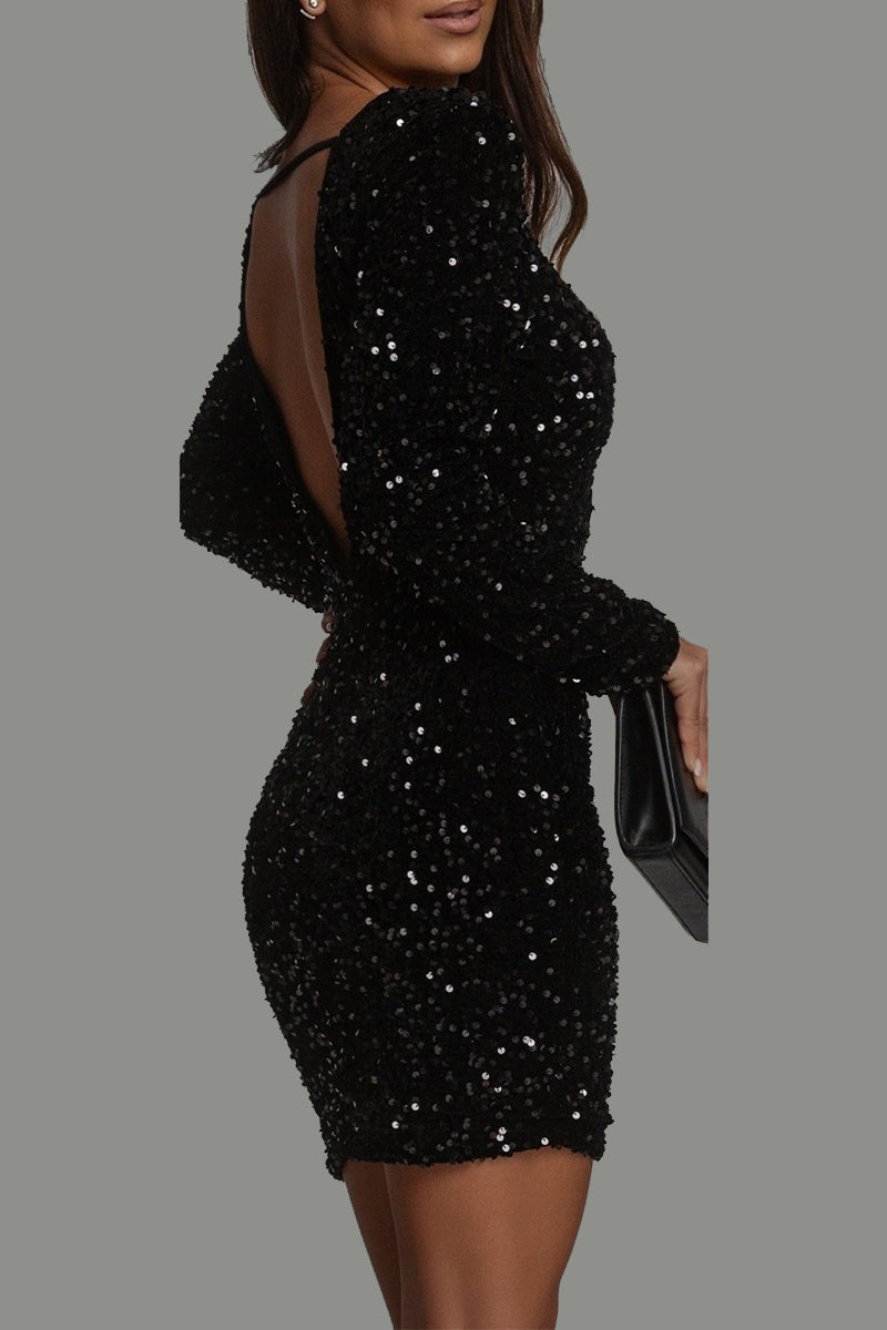 Sexy Solid Backless Sequined O Neck Wrapped Skirt Dresses