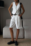 British Style Elegant Solid Pocket Buttons V Neck Sleeveless Two Pieces