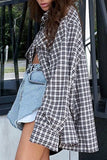 Casual Plaid Buttons Contrast Turndown Collar Tops