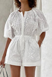 Casual Simplicity Solid Hollowed Out Draw String Pocket O Neck Loose Rompers