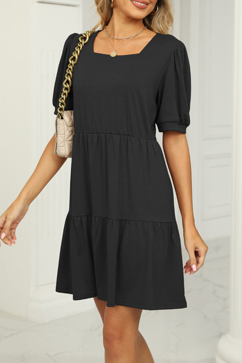 Casual Solid Fold Square Collar A Line Dresses