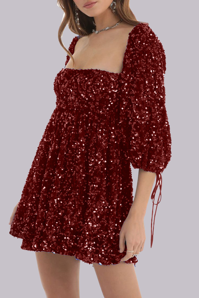 Sexy Solid Sequins Sequined Square Collar Princess Dresses