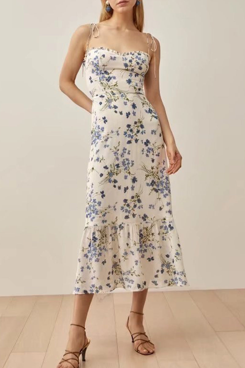 Sweet Elegant Floral Frenulum V Neck Waist Skirt Dresses