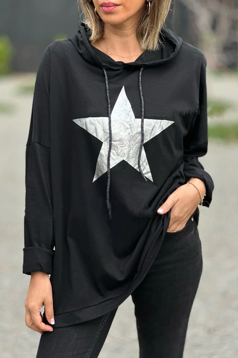Casual The stars Draw String Hooded Collar Tops