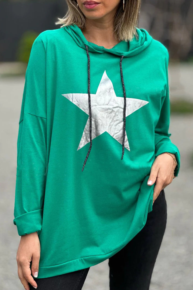Casual The stars Draw String Hooded Collar Tops