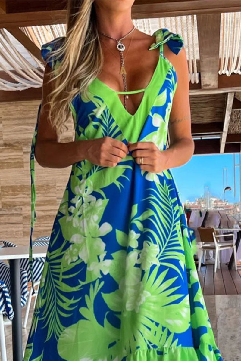 Sexy Vacation Floral Fold V Neck Printed Dress Dresses