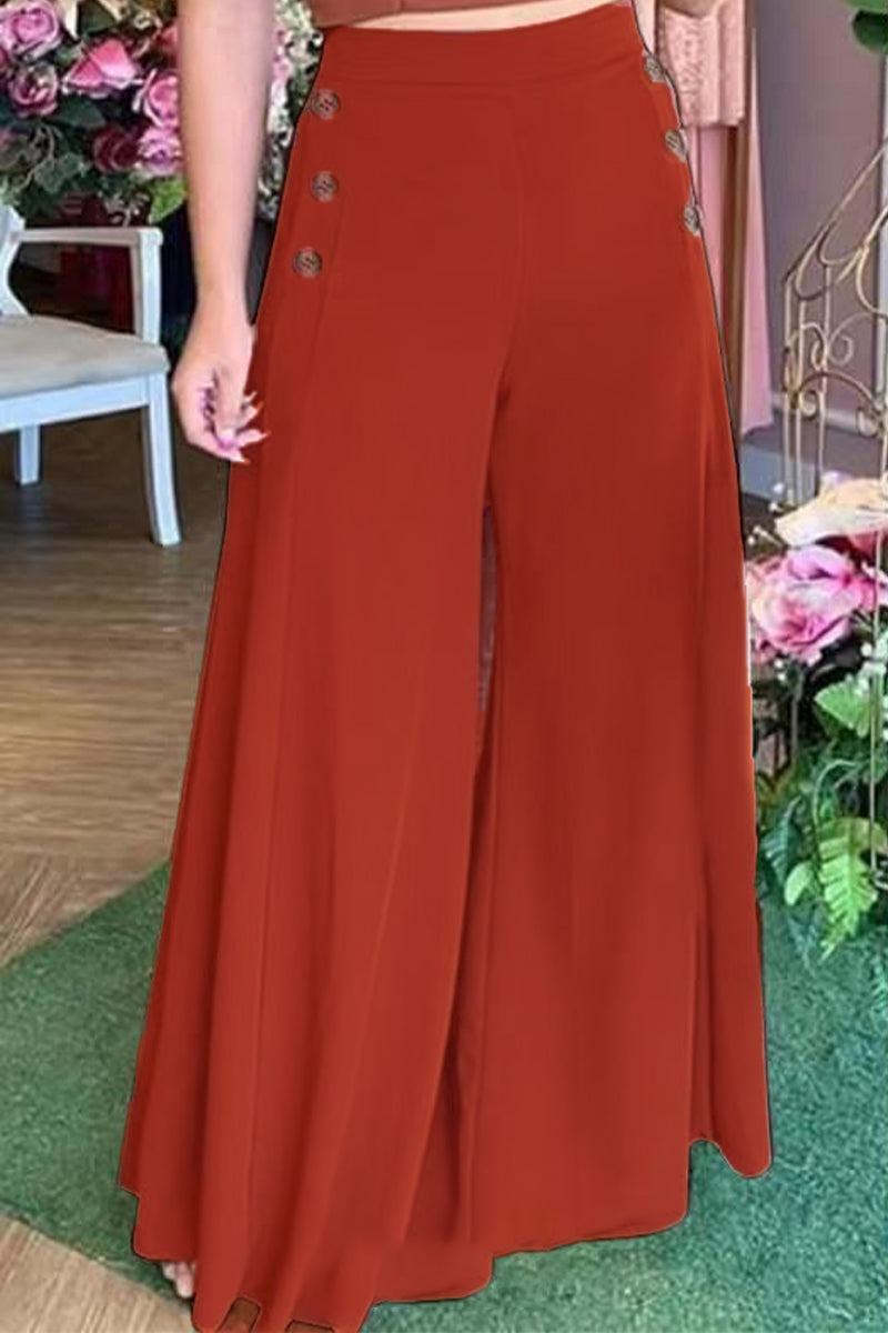 Casual Elegant Solid Buttons Loose Wide Leg Solid Color Bottoms(3 Colors)