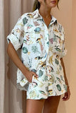 Casual Vacation Print Animal Pocket Turndown Collar Short Sleeve Two Pieces