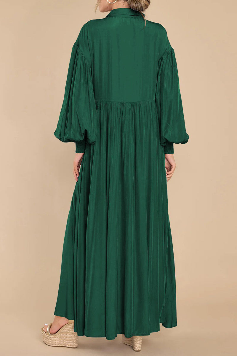 Casual Vintage Solid Fold Turndown Collar Shirt Dress Dresses