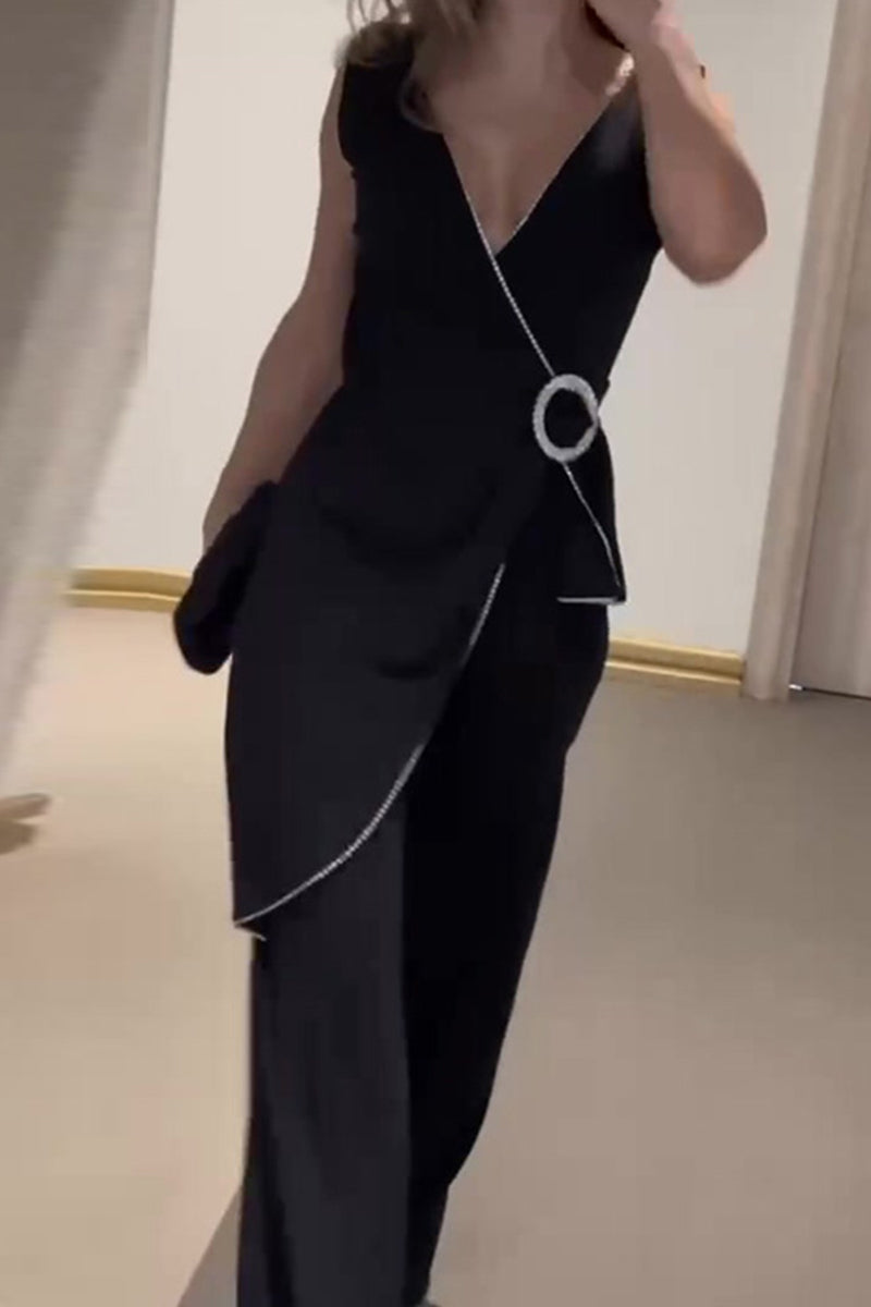 Sexy Solid Asymmetrical V Neck Regular Jumpsuits
