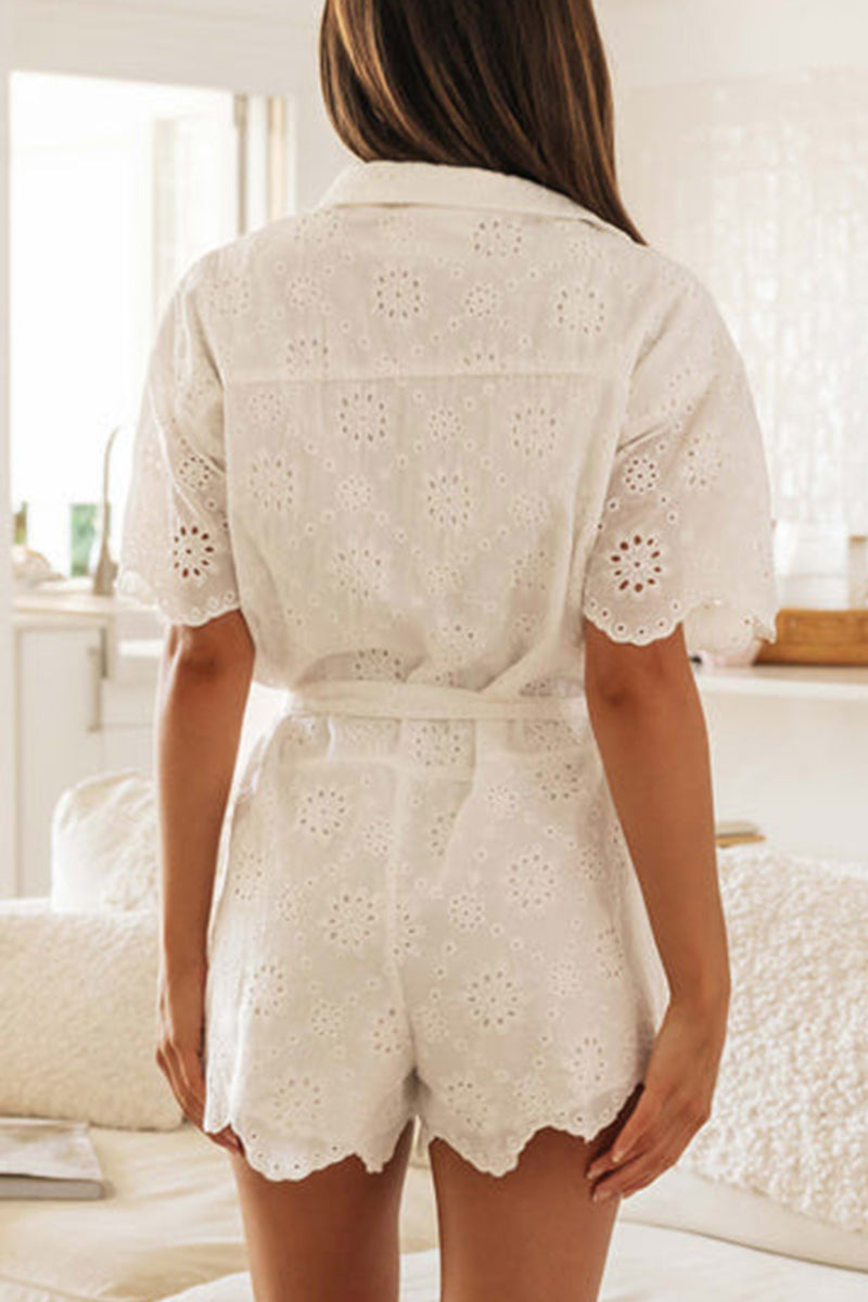Sexy Solid Jacquard Embroidered Bandage Turndown Collar Loose Rompers