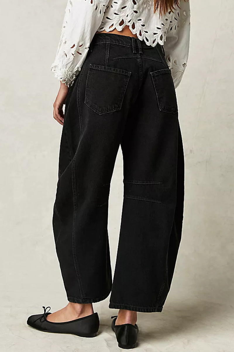 Casual Vintage Solid Pocket Without Belt Mid Waist Loose Denim Jeans(No Belt)