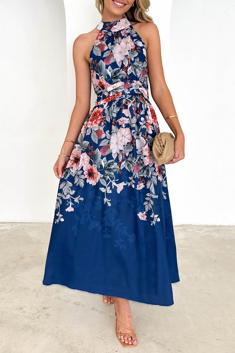 Vintage Elegant Flowers Fruit printing Fold Halter Printed Dress Dresses