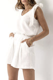 Living Simplicity Solid Flounce With Bow V Neck Sleeveless Two Pieces