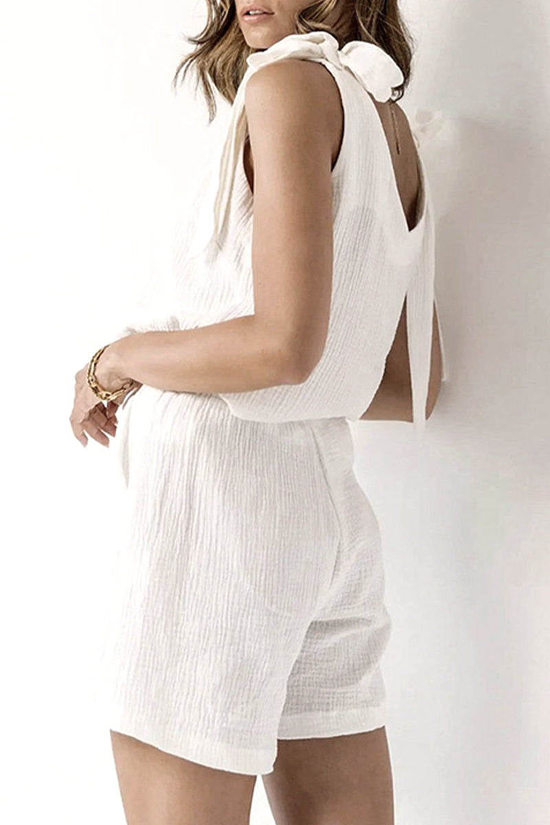 Living Simplicity Solid Flounce With Bow V Neck Sleeveless Two Pieces