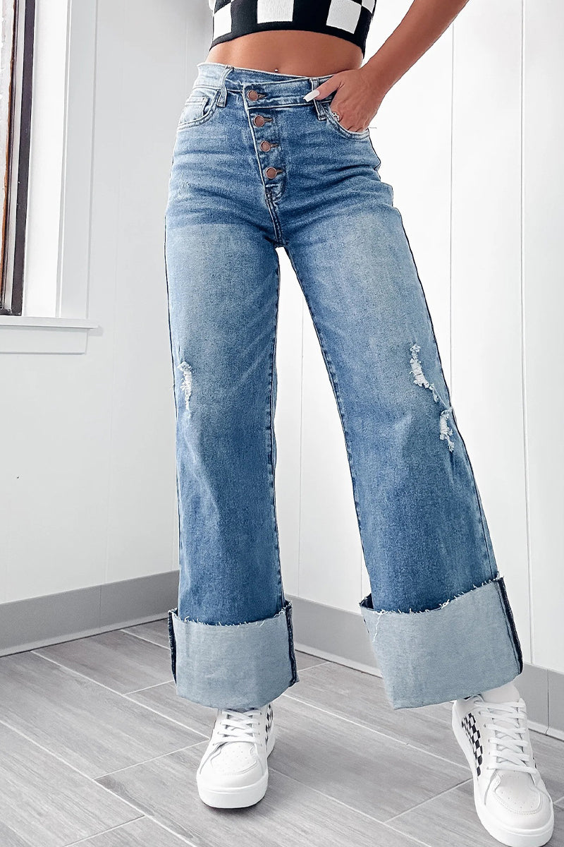 Casual Solid Ripped Make Old Buckle High Waist Loose Denim Jeans