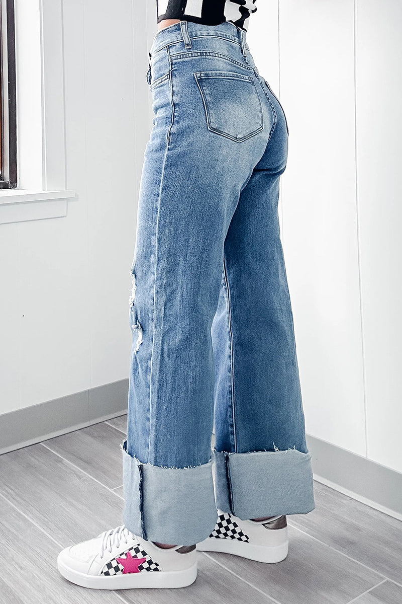 Casual Solid Ripped Make Old Buckle High Waist Loose Denim Jeans