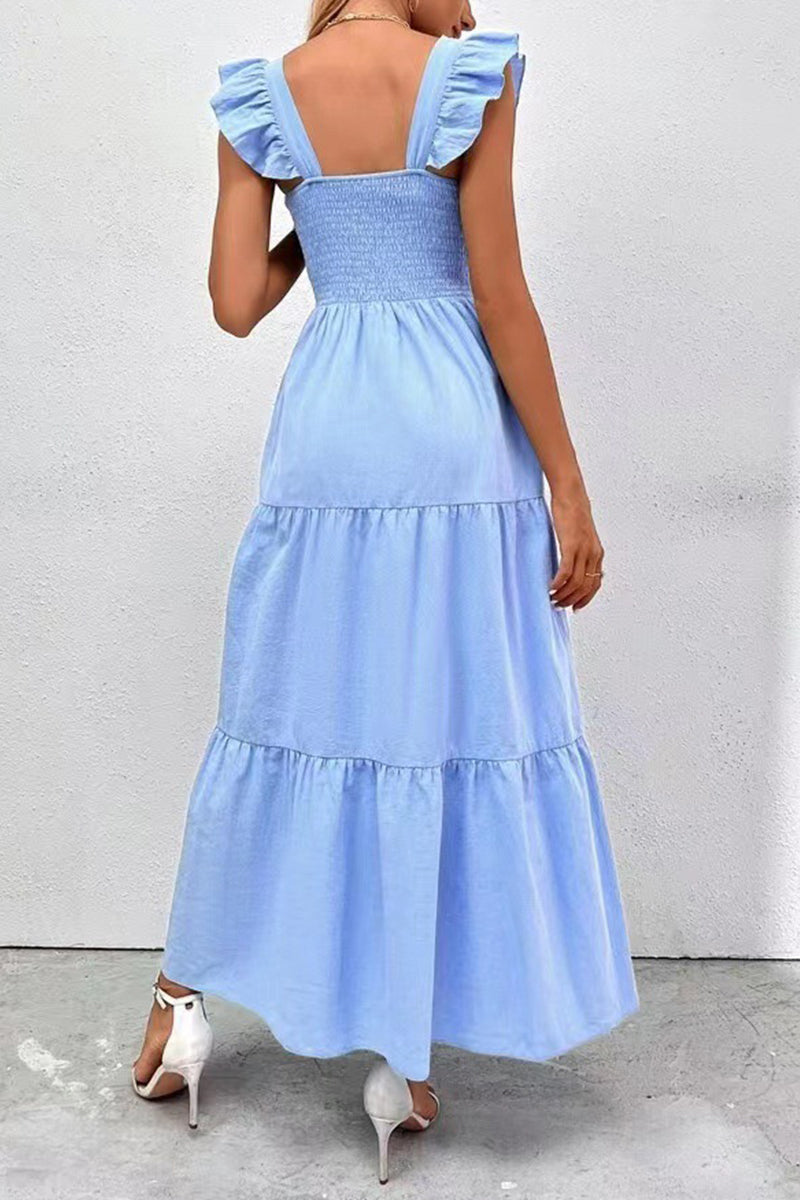 Elegant Solid Backless Square Collar Cake Skirt Dresses