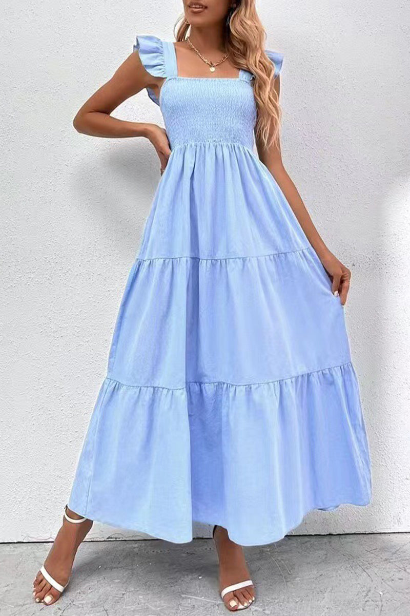 Elegant Solid Backless Square Collar Cake Skirt Dresses