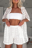 Casual Solid Lace Hollowed Out Turndown Collar Short Sleeve Two Pieces