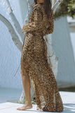 Sexy Celebrities Leopard Flounce Slit V Neck Long Sleeve Dresses