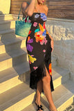 Sexy Celebrities Floral Tassel Backless Strapless Irregular Dress Dresses