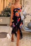 Sexy Celebrities Floral Tassel Backless Strapless Irregular Dress Dresses