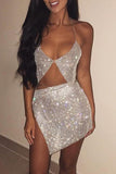 Sexy Party Solid Sequined Hot Drill Halter Sleeveless Two Pieces