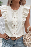 Sweet Simplicity Solid Buttons Flounce O Neck Tops