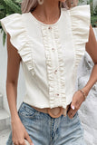 Sweet Simplicity Solid Buttons Flounce O Neck Tops