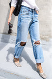 Casual Sportswear Solid Ripped Loose Denim Jeans