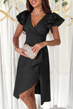 Elegant Solid Slit Fold Asymmetrical V Neck A Line Dresses