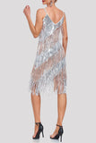 Sexy Party Color Block Tassel Sequins Contrast V Neck Sling Dresses