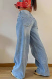 Casual Street Solid Make Old Pocket High Waist Loose Denim Jeans