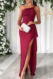 Elegant Solid Slit Fold Oblique Collar Waist Skirt Dresses