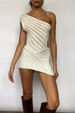 Sexy Solid See-through Asymmetrical Oblique Collar Wrapped Skirt Dresses