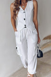 Casual British Style Striped Draw String Pocket Buckle V Neck Sleeveless Two Pieces