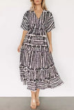 Vintage Vacation Striped Print Patchwork V Neck Printed Dresses
